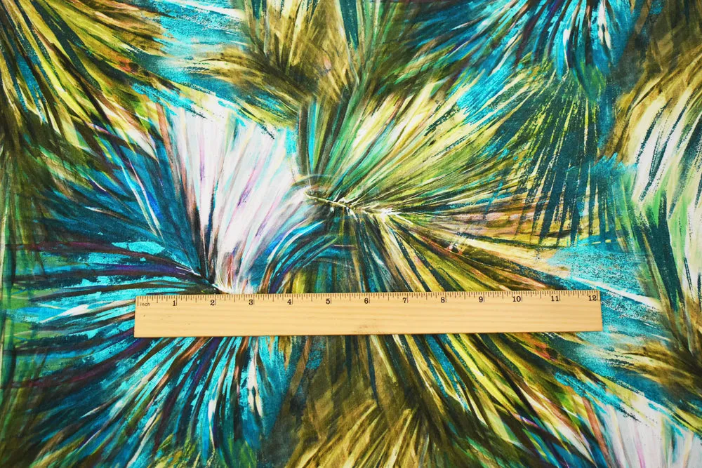 Teal-Multi Famous Designer Viscose Abstract Leaf Printed Crepe Faille Fabric