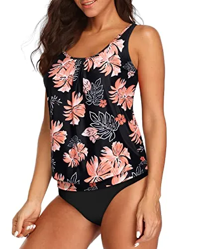 Women's Athletic Swimwear Blouson Tankini Swimsuits For Tummy Control-Black Orange Floral