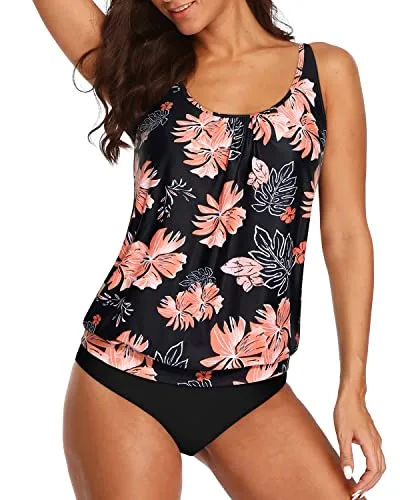 Women's Athletic Swimwear Blouson Tankini Swimsuits For Tummy Control-Black Orange Floral