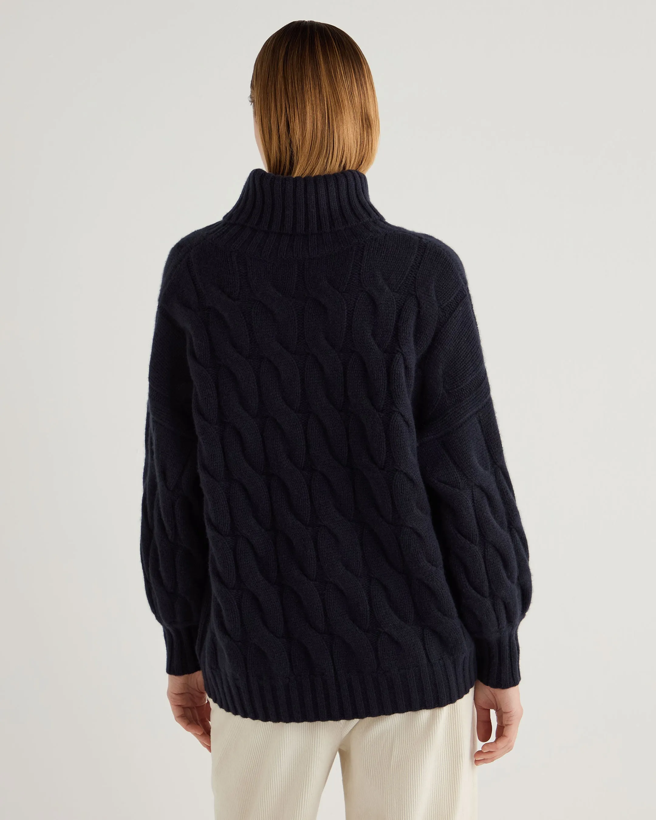 Women's Hana Chunky Cable Turtle Neck Cashmere Sweater Navy Blue