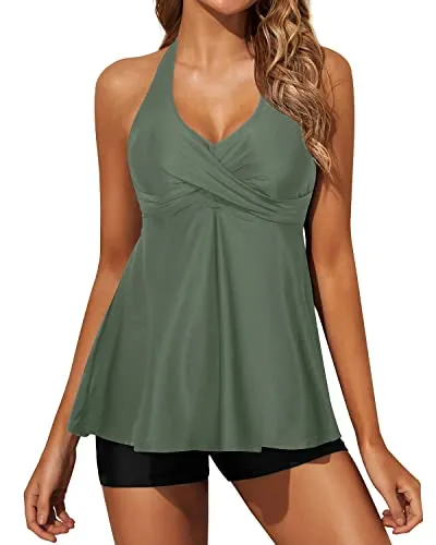 Women's V Neck Tankini Swimsuit Boy Shorts And Flowy Twist Front-Olive Green